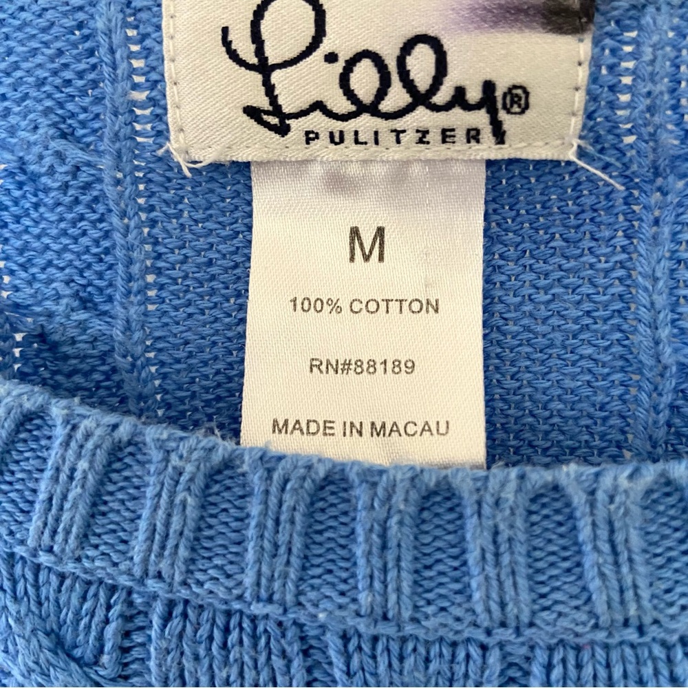VTG Lilly Pulitzer Cable Knit Crew Neck Sweater Size Medium Blue Preppy Tennis - Picture 4 of 13